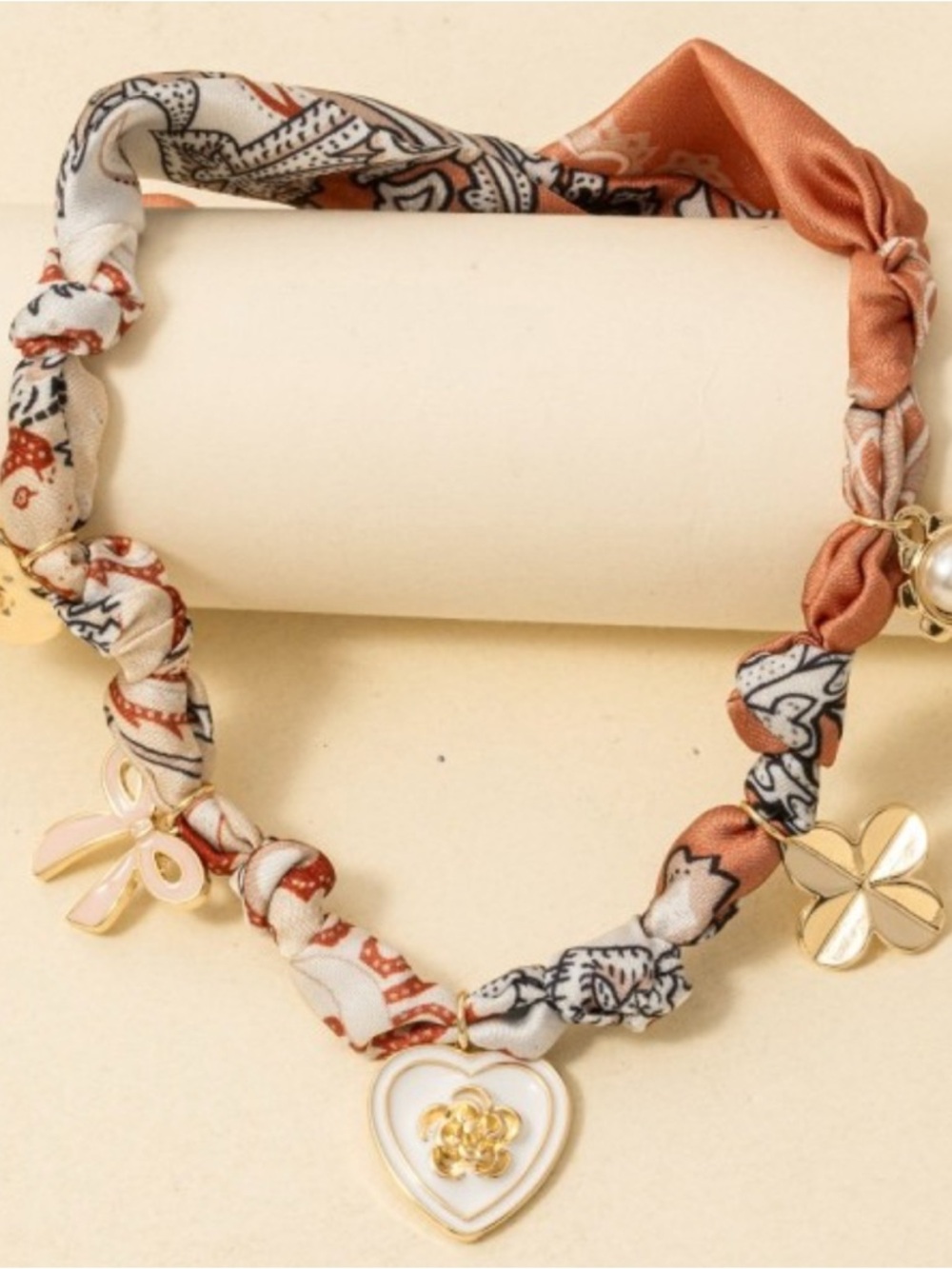 Bandana Scarf Knot Necklace with Heart & Charm Accents - Rust & Cream